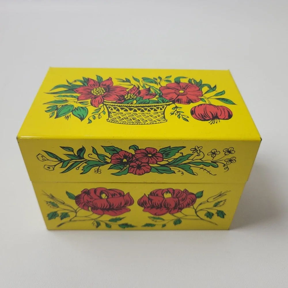 Vintage Syndicate Mfg Co Yellow Floral Rose Metal Tin Recipe Storage Box